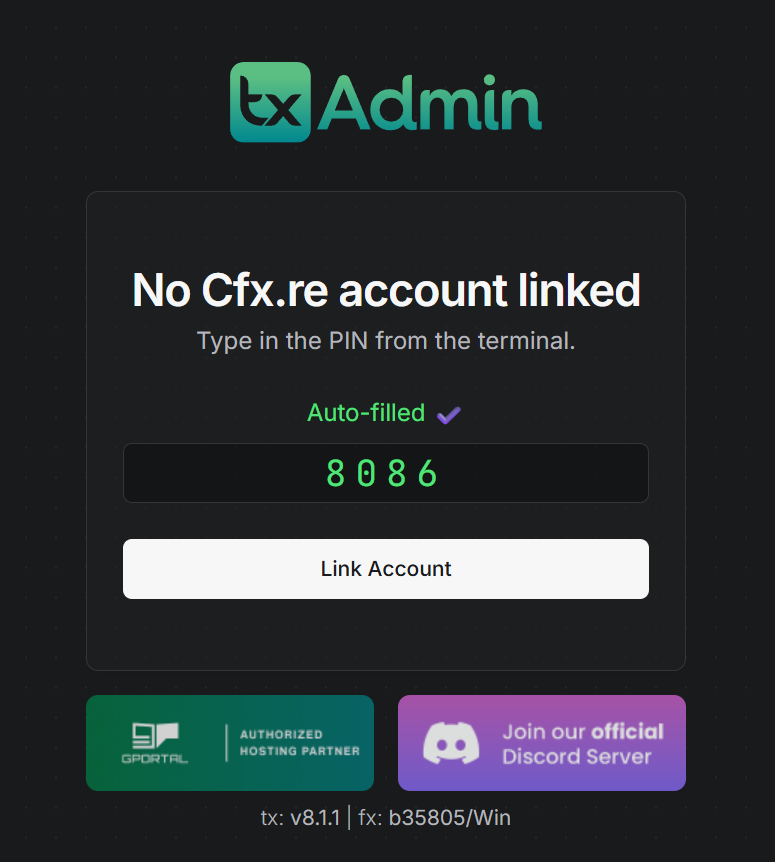 txAdmin 页面输入终端显示的 PIN 码并 Link Account