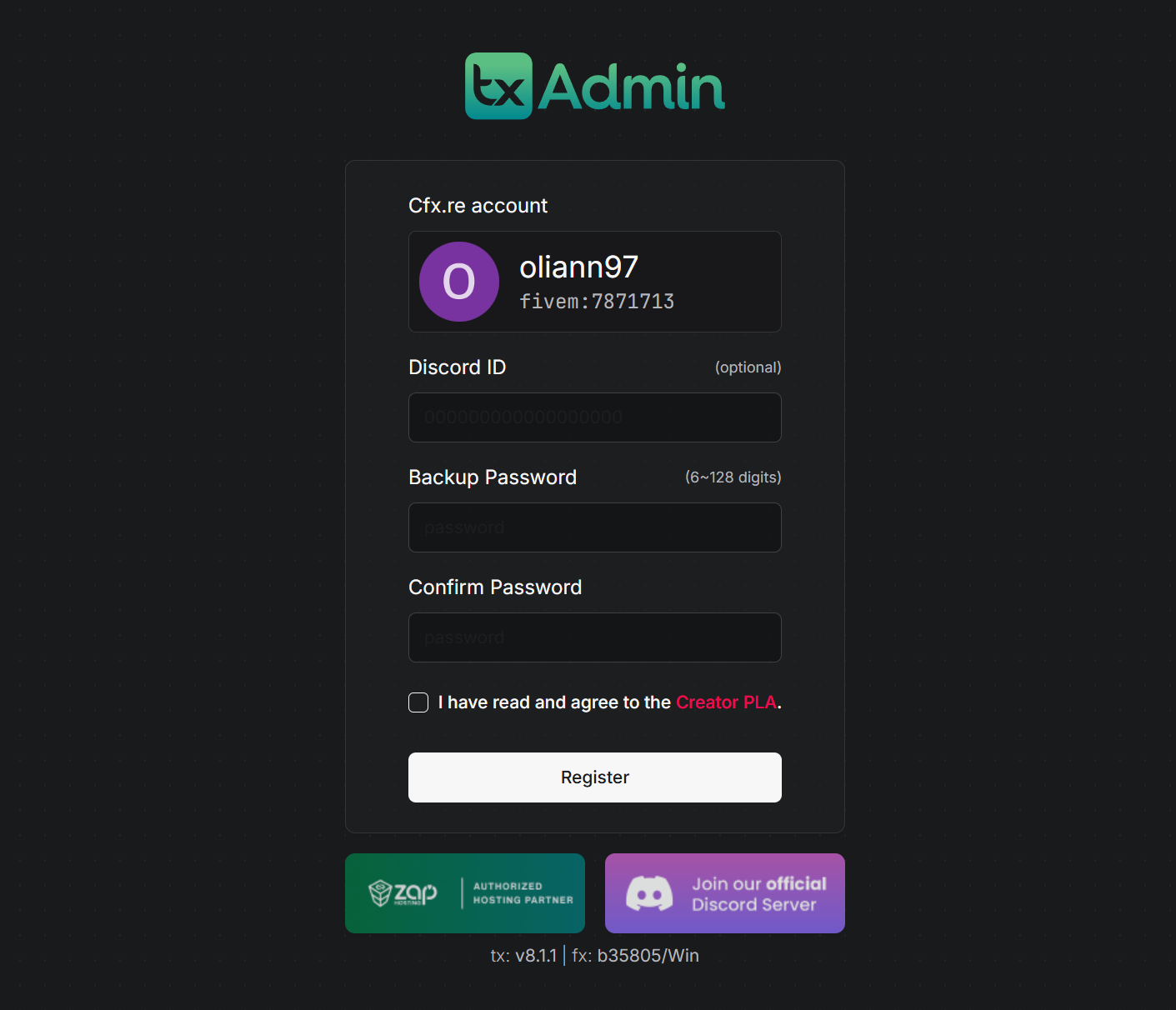 txAdmin 管理员注册页:设置面板密码并 Register
